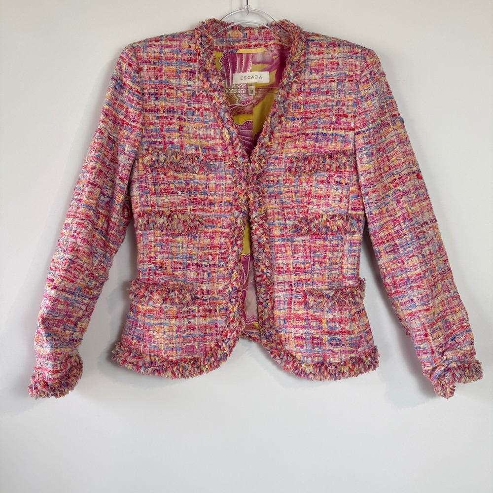 Escada Tweed Blazer Womens 36 Multi Pink Fringed Wool Silk Lined Jacket - Picture 2 of 16